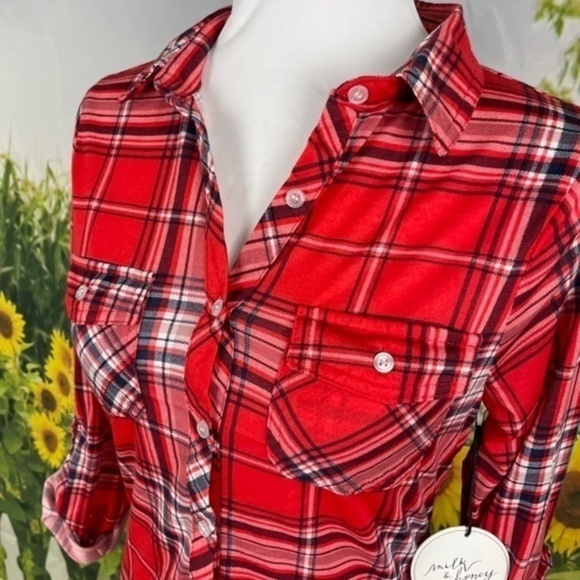MILK & HONEY Red Plaid Button Down Top Small - Picture 11 of 14